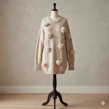 Tibi Fur Pom-Pom Sweater Tunic Dress Tan Alpaca Wool Size L Apres Ski Whimsigoth picture