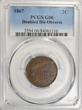 1867 TWO CENT 2C. DDO FS-101 ~ DOUBLED DIE OBVERSE NICE PCGS G06 picture