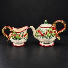 Vtg. Fitz and Floyd Christmas Teapot & Creamer Set Holly Ribbon Holiday Ceramic picture