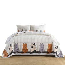 3 Pcs Elegant Cat Silhouette Checkered Quilt Bedspread Set picture