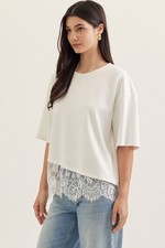 Entro Lace Scallop Hem Short Sleeve Blouse Top in Off White picture