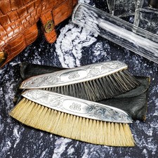 Beautiful Pair Ornate Sterling Silver Antique Clothing Brushes Leather Case picture