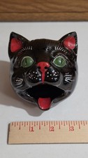 MINT Vintage Shafford Redware Black Cat Head Ashtray Incense Burner Green Eyes picture