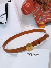  CELINE Paris Brown Leather Belt Women Gold Round Logo Buckle 85/34 picture