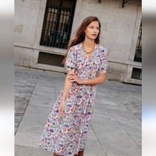 BODEN Elsa Midi Tea Dress Marshmallow Botanical Pink Floral Button Front 8 picture