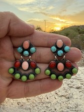 Rocki Gorman NAVAJO Kee Cook Sterling Silver Coral & Turquoise Cluster Earrings picture
