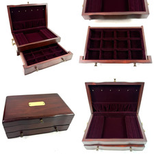 Vintage Eureka Reed Barton Wood Jewelry Box Burgundy Velvet Line 2 Tier 1 Drawer picture