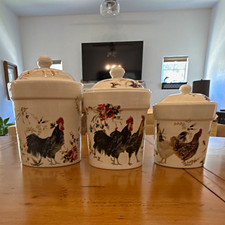 William Sonoma Ceramic 3pc Kitchen Canister Set w/ Lids Rooster Chicken Floral picture