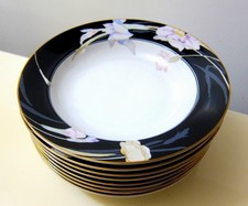 8 MIKASA JAPAN CHARISMA BLACK RIMMED SOUP BOWLS 8 1/4