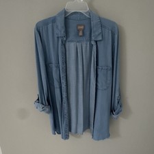 Chico’s Lightweight Denim Button Down Long Sleeve With Cute Frayed Bottom picture
