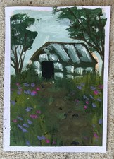 Original ACEO Acrylic Painting Glass Greenhouse in a Garden Landscape Tiny Art picture
