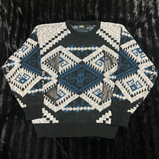 Vintage 90s Stefano Mens Knit Pullover Sweater Crew Neck Geometric XL Black Blue picture