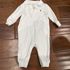 Ralph Lauren Baby Boy White Cotton One-Piece Romper Blue Logo, Size 6M picture