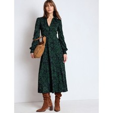 Boden Teal Green Black Floral Tiered Shirt Dress Long Sleeve Pockets 8R D0337 picture