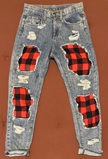 CARMAR Women's 24 Distressed Buffalo Plaid Patchwork Jeans Made USA picture