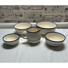 Vintage VEB Steingutwerk Torgau DDR Stoneware 5pc Bowl Set & Creamer Blue Rim picture