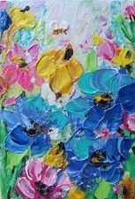 Original Wildflower Painting 4x6 Mini Blue Textured Floral Canvas Art picture