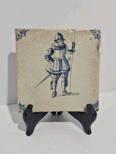 Vintage 17th-Century Dutch Delft Blue & White Ceramic Tile Military Pikeman  picture