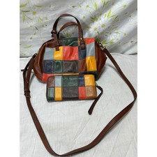 Fossil Patchwork Leather Satchel Crossbody Bag and Matching Wallet Set Multi picture