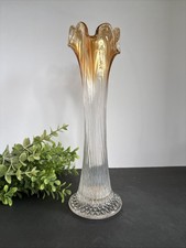 Antique Fenton 12” Marigold- To- Clear Diamond Point Carnival Glass Fluted Vase  picture