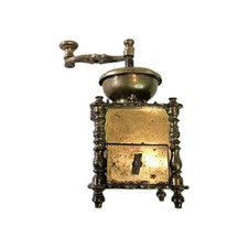 Vtg Brass Coffee Grinder Hand Crank Ornate Coffee Mill Drawer Aged Patina Ornate picture