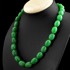 AMAZING 465.00 CTS EARTH MINED RICH GREEN EMERALD OVAL CARVED BEADS NECKLACE picture