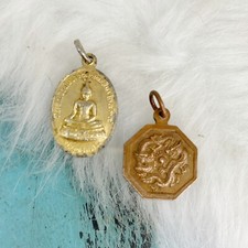 Vintage Lot of 2 Buddha Medals Pendants Gold Plate Copper HEALTH HAPPY LUCKY picture