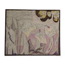 Vintage 1970s Crewel Embroidery Fiber Art Floral Framed Wall Hanging MCM Boho picture