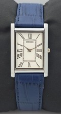 Working Seiko Slim 'Tank' Roman White Dial SS Case Men's Wristwatch Leather Band picture