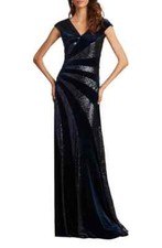 Tadashi Shoji Navy Blue Sequin Stripe Velvet Column Gown Size Large $518 picture