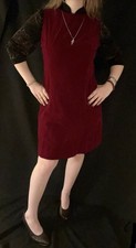 VINTAGE 1960s Mod Mini Shift Dress Red Velvet Handmade Size M Sleeveless picture
