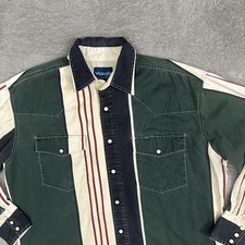 Wrangler Pearl Snap Brushpopper Striped Green Ivory Western Rodeo Cowboy Men’s L picture