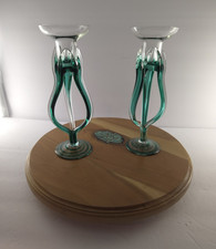 Jozefina Krosno Green Art Glass Jellyfish Candlestick Holders Pair, MCM Vintage  picture