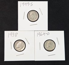 1949-S 1958 1964-D Roosevelt Dimes 90% Silver 3 Coin Lot US Coins picture