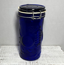 Vintage Cobalt Blue Pressed Glass Canister with Raised Fruit Motif and Bail Lid picture