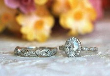 Elegant Oval Cut Lab Created Diamond 14K White Gold FN Engagement Ring Set picture