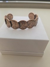Vintage Real Lincoln Penny Bracelet Open Cuff Copper Coins Good Luck All 1977 picture