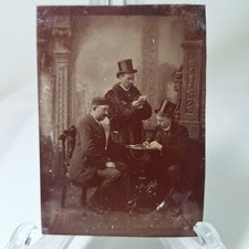 Antique 1880s Tintype Photo Rare Narrative Scene Men Top Hats Writing in Book picture