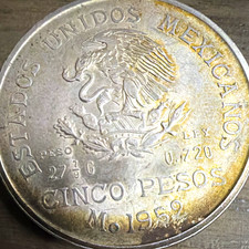 HOBO $ Mexico 1952 5 Pesos Silver Coin (see pics) 0.720 Fineness 27.7g BN (1959) picture