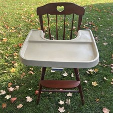 Vintage Fisher Price Wooden High Chair Plastic Tray 1980’s USA Spindles Heart picture