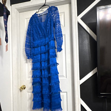 jj’s Fairland Blue Solid Lace V-Neck Long Sleeve Fringe Tiered Midi Dress S picture