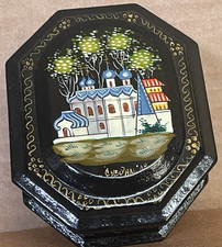 Vintage Black Lacquer Russian Trinket Box Hand Painted Signed Octagon Suzdal picture