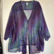 Maggie Barnes Catherines 5X Purple Teal Sheer Button Cardigan Top Plus Size picture