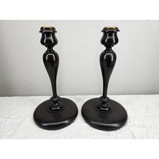 Antique 1900's Dark Wood Candlestick Holders Pair Ornate Brass Top Elegant picture