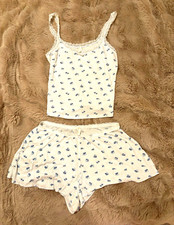 skims Women’s S White/Blue Floral Camisole & Shorts Set Lace Bow Strap 2 Pack picture