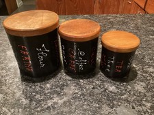  Vintage Italian Black Multi- Language Enamel Metal Canister Set With Wood Tops picture