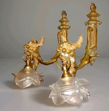 Pair of Antique Bronze Brass French Mythological Dragon Wall Sconces Glass Rose picture
