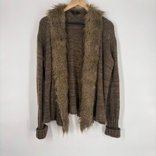 Jack BB Dakota Brown Marled Open Front Cardigan Size L Faux Fur Collar Apres Ski picture