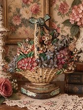 Hubley Antique Cast Iron Doorstop Wild Roses Flower Basket Patina #475 picture