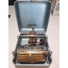 Vintage Optimus 111B Camp Stove Sweden White Gas Petrol Brass Tank Wrench Case picture
